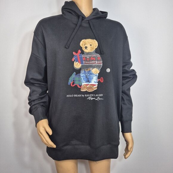 Polo Ralph Lauren Size LT Bear Holiday Hoodie Men's Fleece Sweatshirt Black (51)
